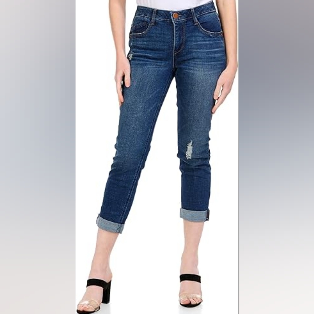 NWT Democracy Petite Ab Solution Dark Blue Slight Distress Cropped Jeans Size 8